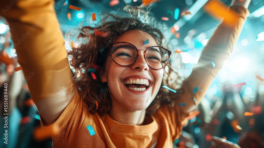 Obraz premium A cheerful woman celebrates at a lively party, surrounded by colorful confetti, embodying pure joy and the spirit of celebration in a fun atmosphere filled with excitement.