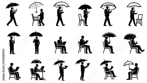 傘とビジネスシーンのシルエット｜Umbrella Business Scene Silhouette