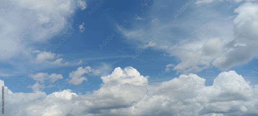 Obraz premium Fluffy clouds in a bright blue sky on a sunny day in the city 