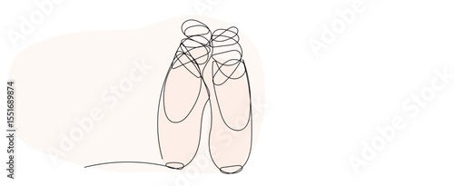 Line Art Pointe Shoe. One Continuous Outline Drawing. Editable Dancing Silk Abstract Footwear  Stroke Curve Contour. Classic Dance Elegant Vintage Accessories Symbol. Professional Ballet Artist Sign I