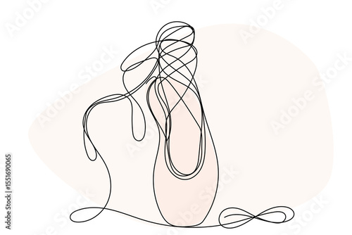 Line Art Pointe Shoe. One Continuous Outline Drawing. Editable Dancing Silk Abstract Footwear  Stroke Curve Contour. Classic Dance Elegant Vintage Accessories Symbol. Professional Ballet Artist Sign I