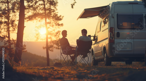 Camping. Vacation. Modern camper van motorhome. Travel. Small house on wheels. White camper van parking on beautiful landscape. Travel and adventure tourism trip concept