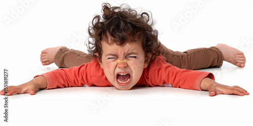 Toddler having a temper tantrum or meltdown on the floor at home.