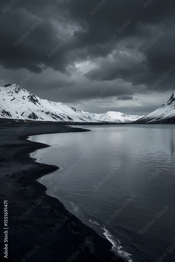Naklejka premium paesaggio nordico con veduta di spiaggia dalla sabbia nera monti innevati e acque. cupe