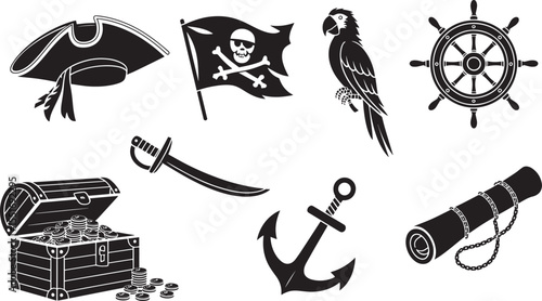 Nine Black Silhouettes Pirate Treasures Parrot Ship Wheel vector