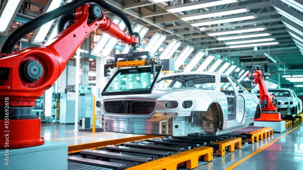 Naklejka premium A robotic arm meticulously works on a car body frame along an automated assembly line in a modern, brightly lit automotive manufacturing plant.