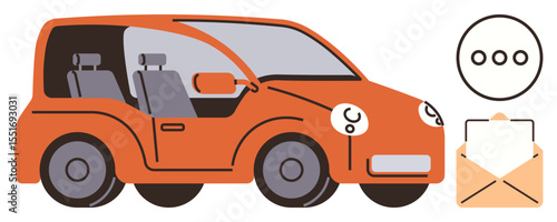 Bright orange car, messaging bubbles, and envelope highlighting communication, transport, logistics, customer service. Ideal for delivery, rideshare, automotive connection tech navigation simple