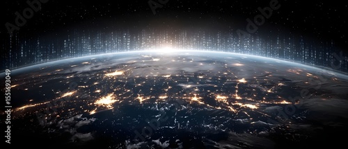 Earth at night with illuminated cities and digital data streams representing global connectivity and technology.