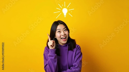 Eureka Moment With Woman in Purple Hoodie Pointing Up With Lightbulb Expression on Vibrant Yellow Background