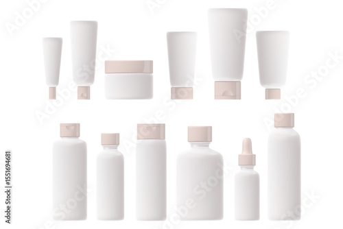 Cosmetic product packaging mockup set, lotion bottle, cream jar, serum dropper, cream tube, clean white plastic, nude beige glowing flip top cap. Beauty spa pack isolated, transparent background.