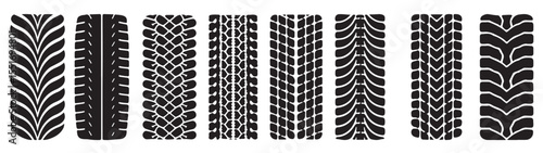 Collection of diverse tire tracks isolated on white background showing different tread patterns from various vehicles, including off-road, bicycle, motorcycle, and heavy-duty truck tires