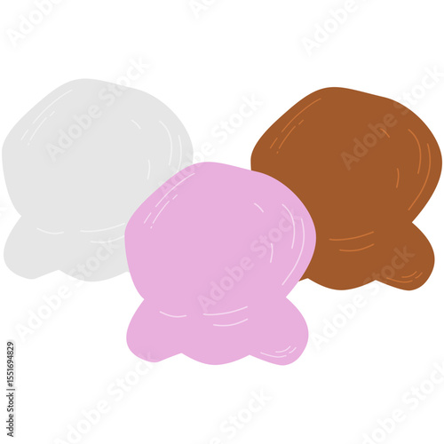 Cartoon-style illustration of three ice cream scoops in chocolate, strawberry, and vanilla flavors. Clean outlines and solid pastel colors make it suitable for food-themed designs
