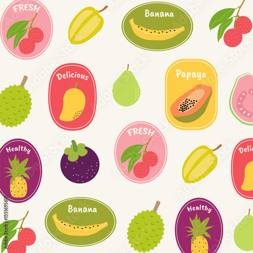 Seamless pattern with hand drawn tropical fruit stickers. Colorful cartoon badges with banana, mango, papaya, pear, lychee. Healthy organic summer fruit design for wallpaper, print and decor.