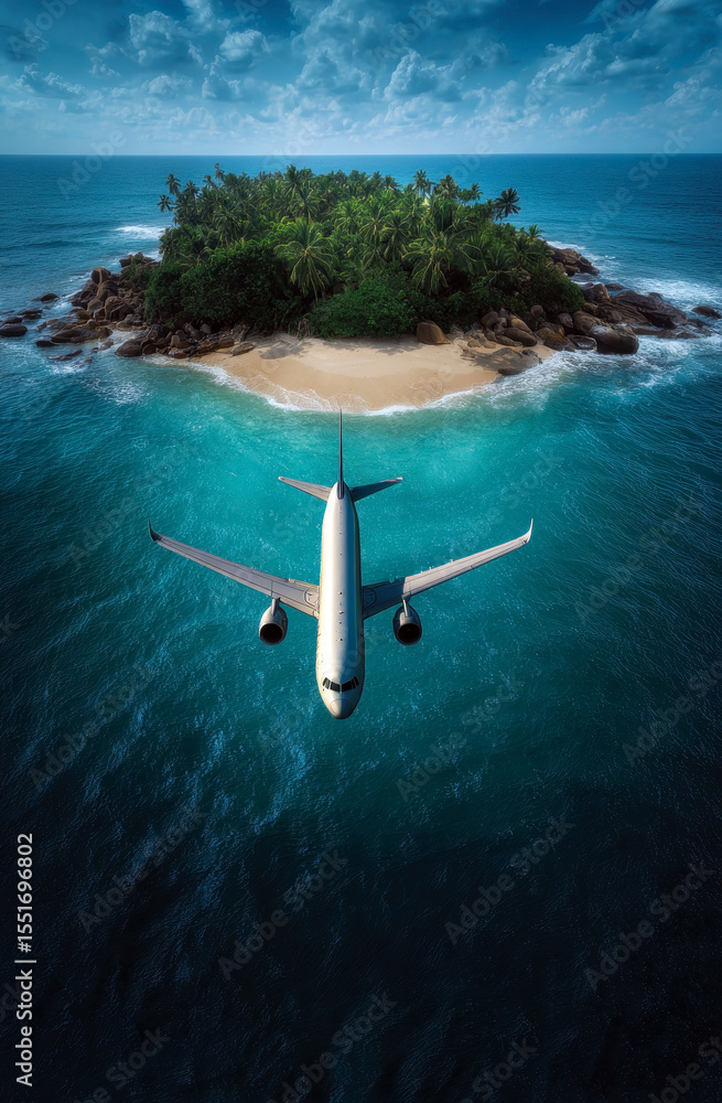 Fototapeta premium A breathtaking aerial view of an airplane flying over a secluded tropical island, surrounded by crystal-clear waters and lush palm trees, inviting travelers to their dream getaway.