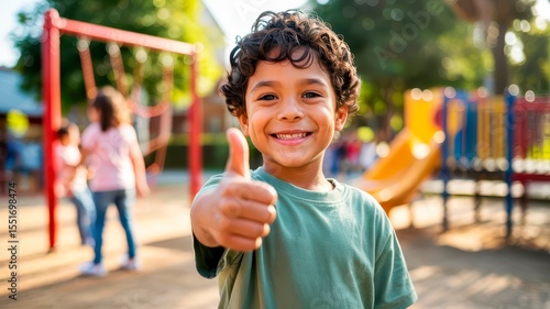 Fototapeta Naklejka Na Ścianę i Meble -   A cheerful young student smiles and gives a thumbs up while enjoying recess outdoors at a park or school playground with friends in the background.