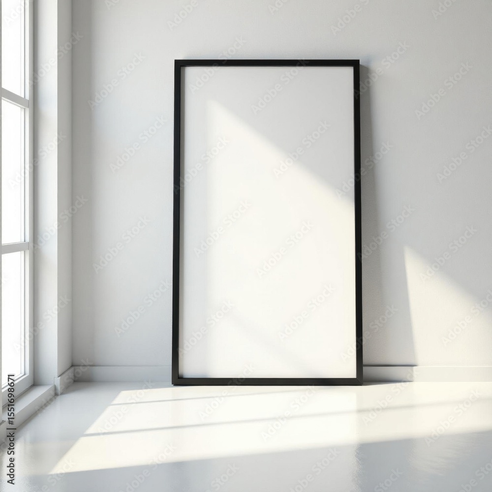 Single black frame against bright white wall in a light room , modern, home Single black frame against bright white wall in a light room , modern, home