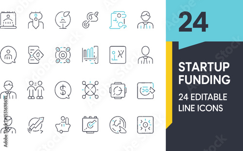 A comprehensive set of twenty-four editable line icons ideal for startup funding presentations, business plans, and website designs featuring investor, funding, pitch deck, and market symbols.