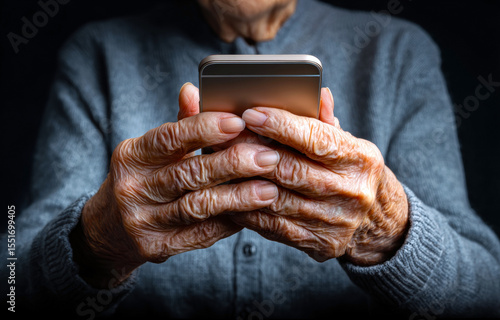 A close-up of aged, wrinkled hands holding a smartphone, symbolizing the intersection of technology and the elderly experience in today's digital age.