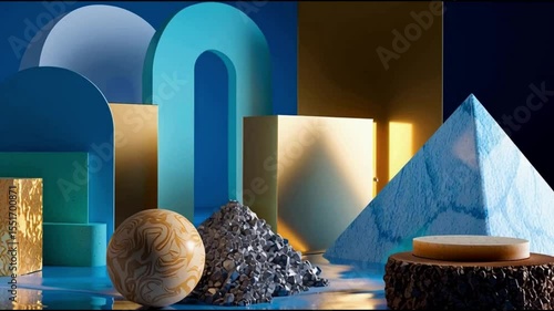 Abstract composition with blue geometric shapes, spheres, and mountain forms. Modern and clean design perfect for technology or branding backgrounds.