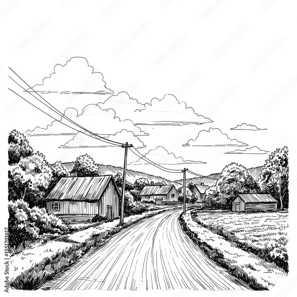Fototapeta premium Illustration Black and White Rural Village Landscape with Road and Clouds