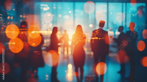 Office party scene with blurry corporate silhouettes and festive light flares for HR marketing, startup branding or lifestyle content