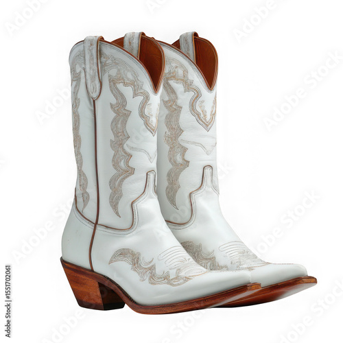 A pair of white cowboy boots with decorative stitching on a white background