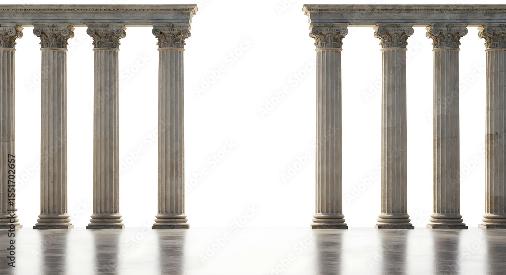 Naklejka premium Symmetrical ancient Roman columns with ornate capitals on white glossy floor.