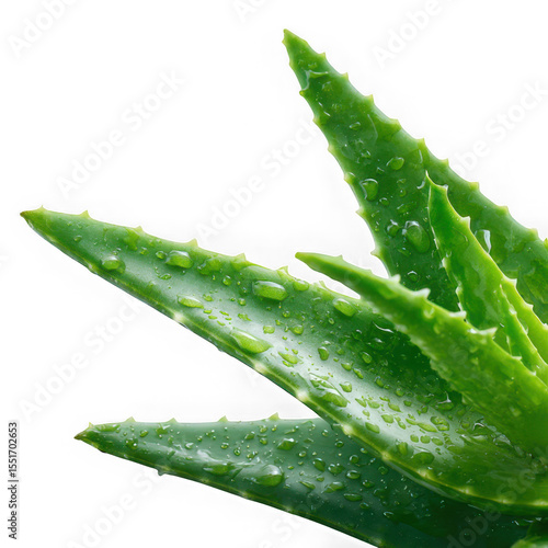 Close up of fresh aloe vera leaves with water droplets on a white background