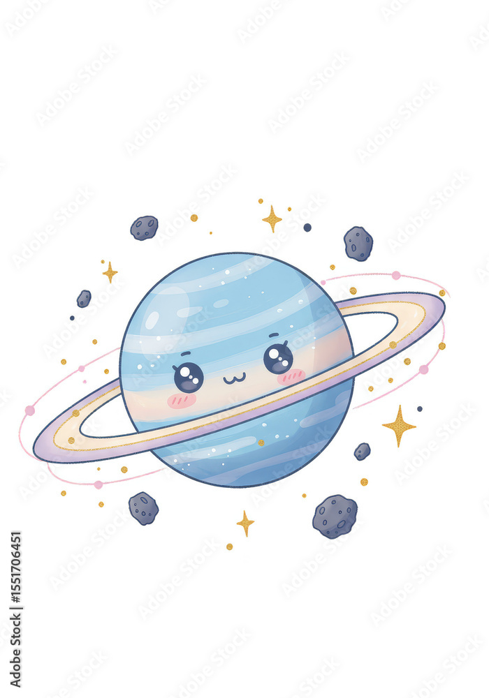 Obraz premium Illustration of Cute Planet with Rings Stars and Transparent Background