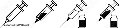 Medical syringe and vaccine vial icons set in various styles, black and white vector illustrations for healthcare, injection, immunization, vaccination, medicine, and pharmaceutical concepts.