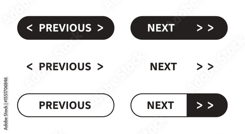 Collection of 'Previous' and 'Next' navigation buttons with various arrow designs, essential user interface elements for web development, intuitive directional controls, modern digital interface.