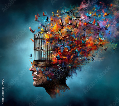 A striking visualization of a human head transforming into a cascade of colorful birds, symbolizing freedom and creativity escaping the confines of thought, represented by an empty birdcage.