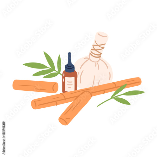 Composition of bamboo massage sticks, essential oil bottle and herbal compress . Hand drawn vector illustration for wellness branding, aromatherapy packaging and spa menu design.