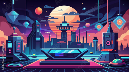 Futuristic sci-fi cityscape with advanced technology, glowing buildings, spaceships, and planets under a dramatic sunset sky