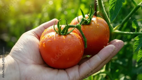 Hand holding ripe tomatoes in garden, sunlight glowing