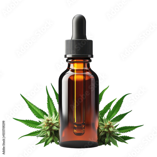 Cannabis Oil Elixir Brown Glass Bottle with Dropper Green Marijuana Buds on transparent background