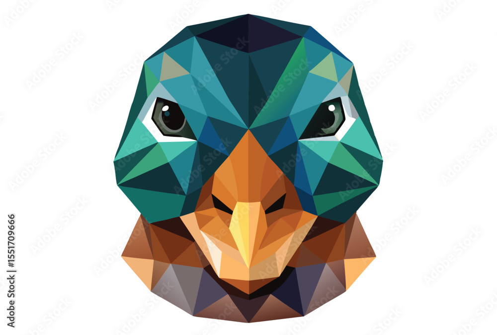 Fototapeta premium Geometric duck head low poly vector, polygonal duck face clipart, modern animal icon illustration
