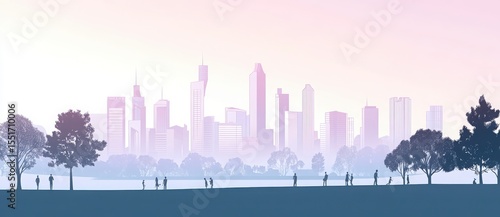 Urban Cityscape At Dawn Silhouetted Trees Frame A Modern Skyline