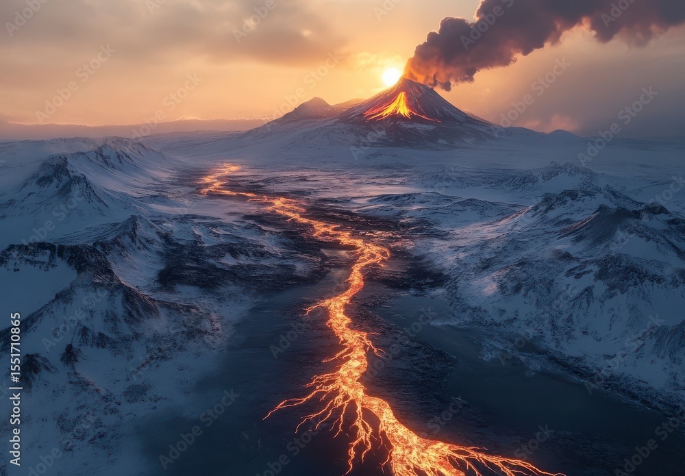 Fototapeta premium Volcanic Eruption View From Above In Snowy Mountains At Sunset