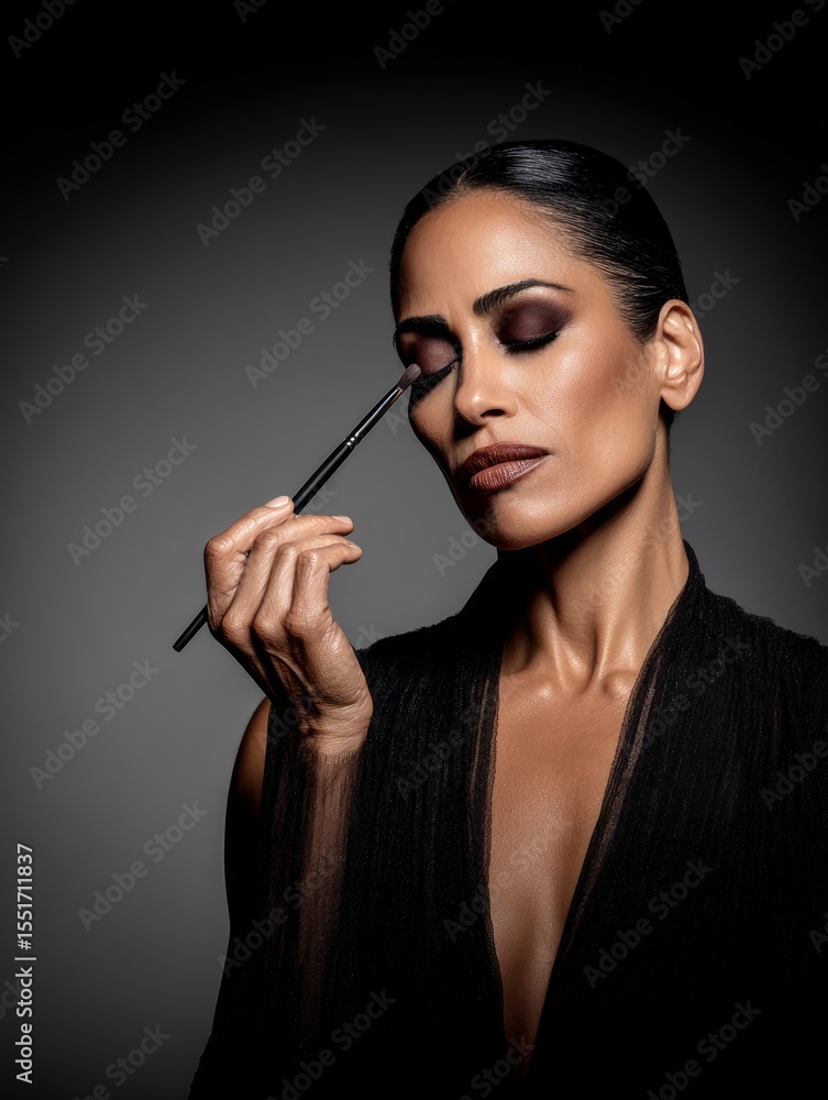 Obraz premium Elegant mature woman applying smoky plum eye shadow for luxury beauty brand, evening makeup inspiration or premium skincare campaign