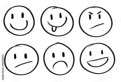 Set of hand-drawn, sketches with different smiley designs, different emotions drawn on black smileys, emojis, 
