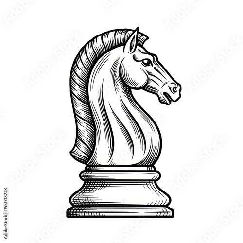 Illustration of Chess Knight Piece in Black and White with Transparent Background