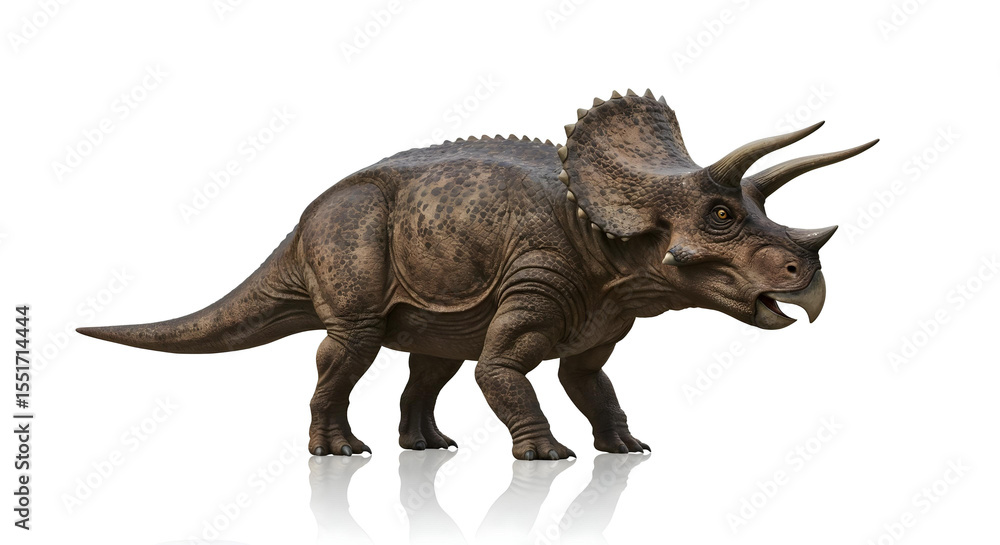 Fototapeta premium Side view of Triceratops with horns and frill, on white glossy background.