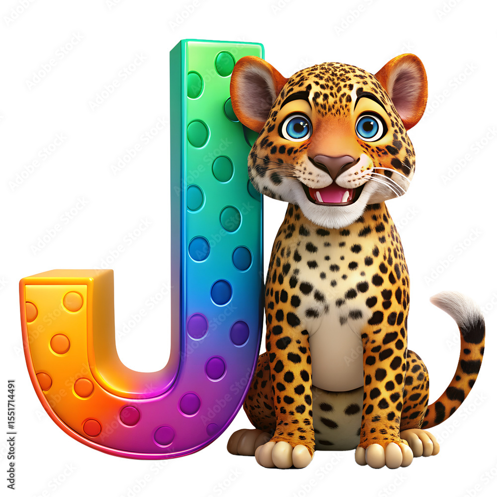 Fototapeta premium Adorable leopard cub sitting next to colorful letter j