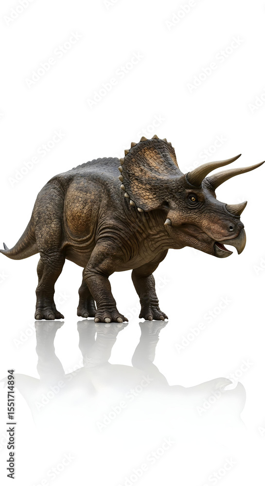 Fototapeta premium Side view of Triceratops with horns and frill, on white glossy background.