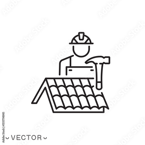 roof worker icon, maintenance with inspection roofing, roofer profession concept, thin line symbol isolated on white background, editable stroke eps 10 vector illustration