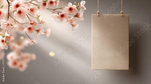 Blank hanging rectangular brown paper sign with ropes on soft grey background and delicate blooming pink cherry blossom branches with sun rays and blurred flowers petals
