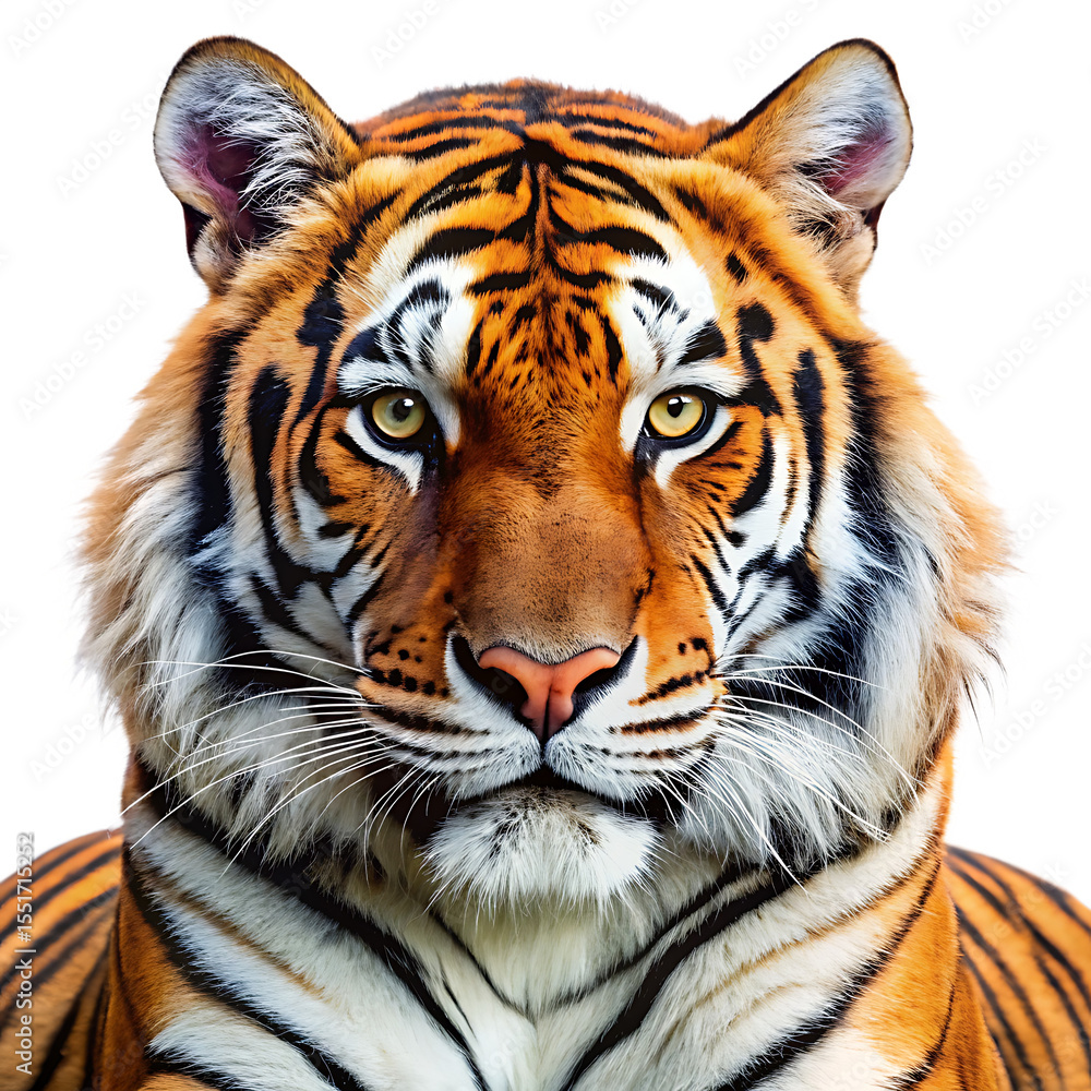 Naklejka premium Close up portrait of a majestic tiger with orange black and white fur and yellow eyes isolated on a transparent background