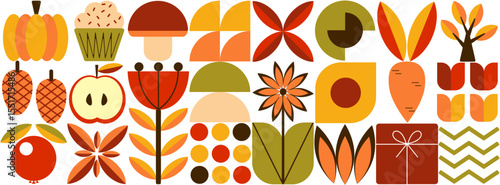 Autumn geometric mosaic background pattern. Modern figure, shape and autumn elements. Scandinavian. Minimalistic elements for design, contemporary natural organic harvest.