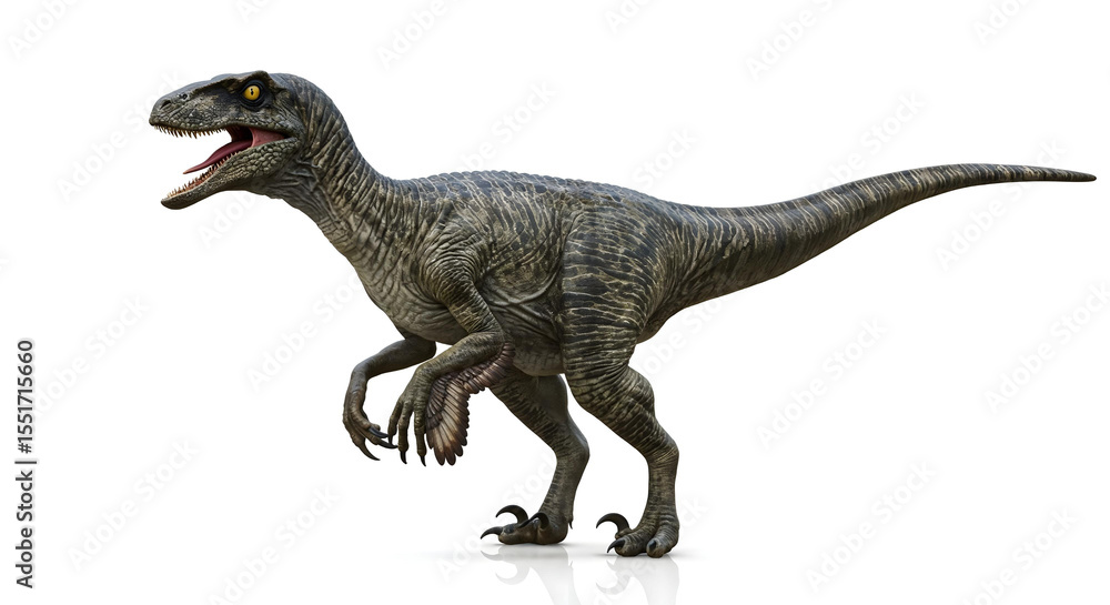 Obraz premium Side view of feathered Velociraptor with open mouth and raised claw.